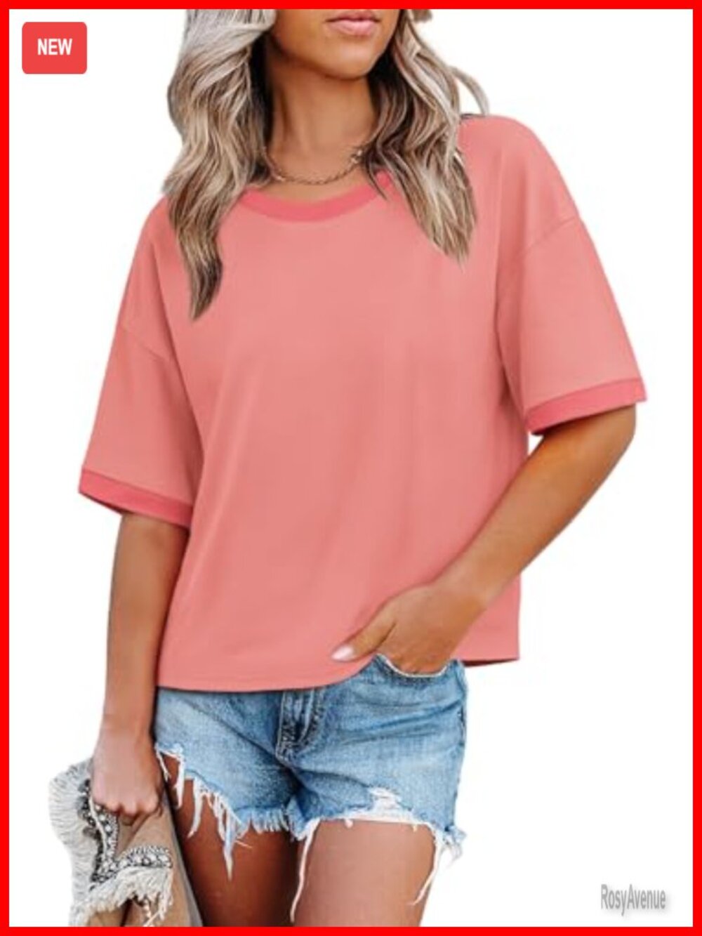 Womens Loose Fit Color Block Half Sleeve Crew Neck T-Shirt